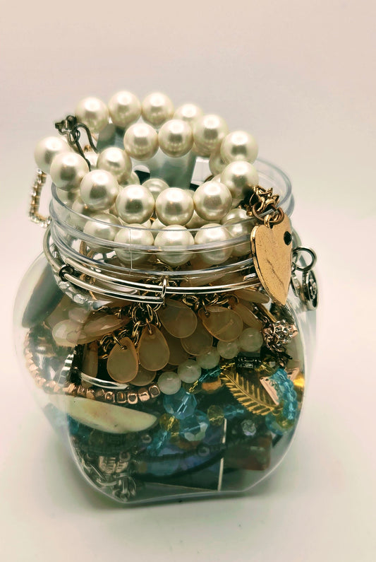Vintage & Modern Costume Jewelry Jar - Pearl, Rhinestone, & Heart Motif Bulk Lot - 1lb+ Estate Treasure