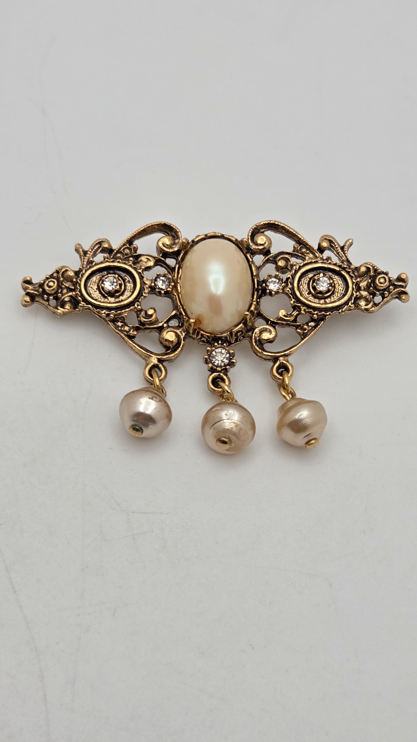 Vintage Antiqued Gold Faux Pearl Dangle Drop Brooch Pin Victorian Style