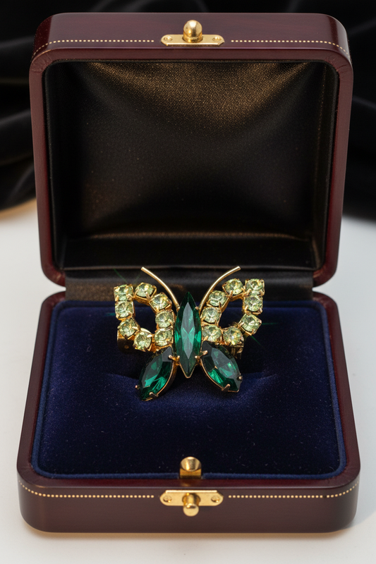 Vintage 1960s Juliana Style Green Rhinestone Butterfly Brooch