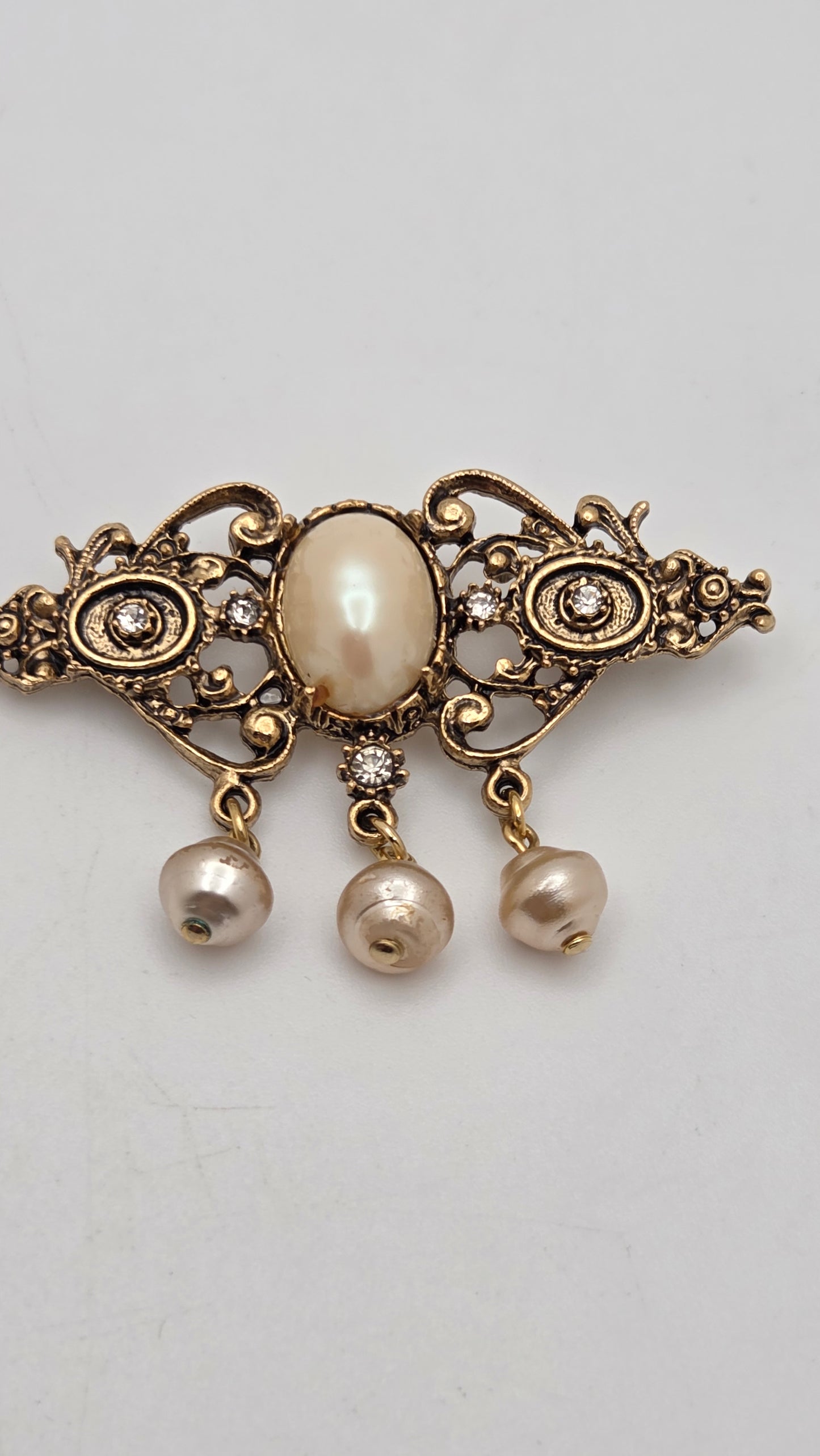 Vintage Antiqued Gold Faux Pearl Dangle Drop Brooch Pin Victorian Style