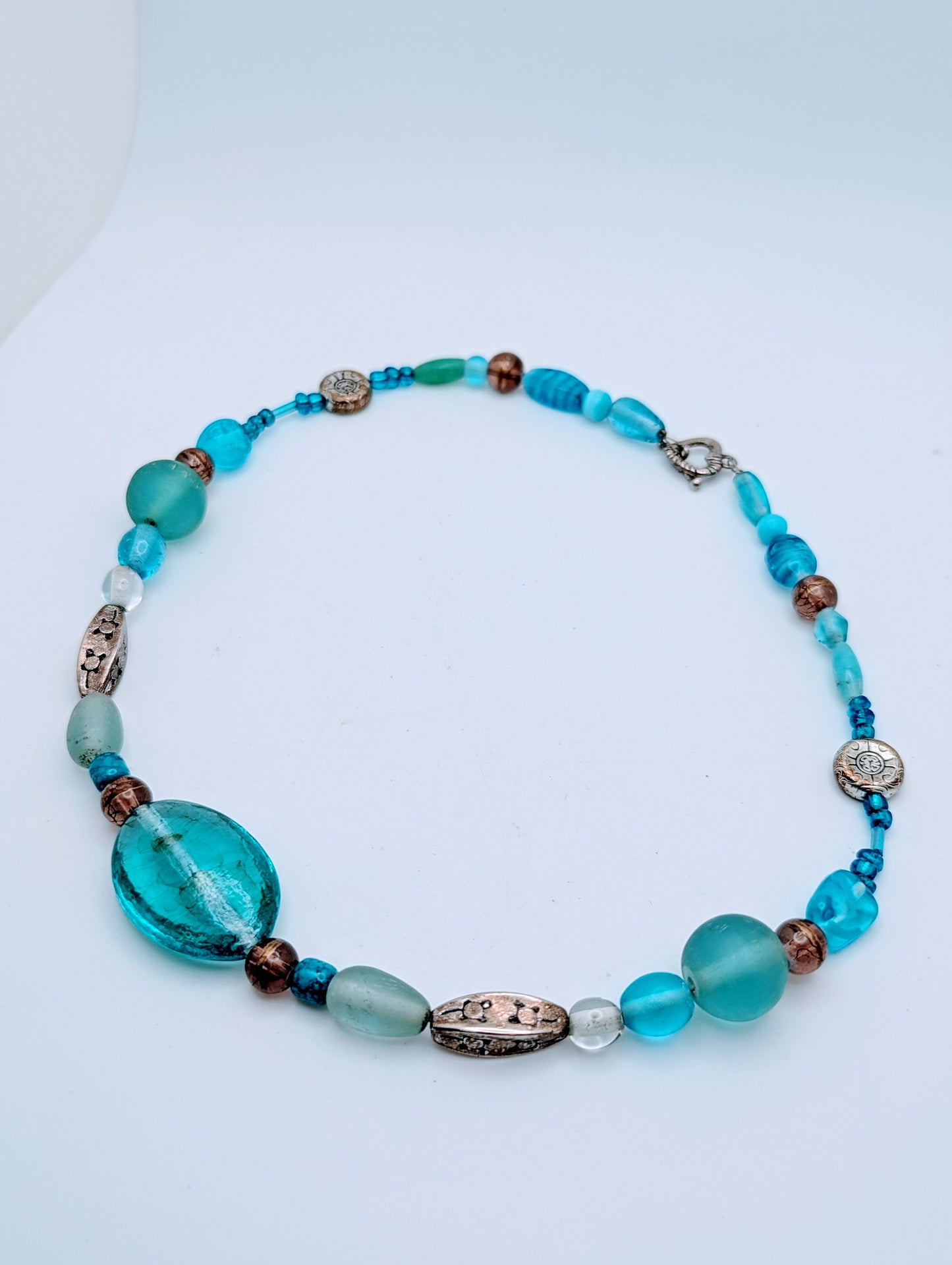 Esmor Glass Necklace Aquamarine Turquoise Tone Beaded 17-22" Vintage