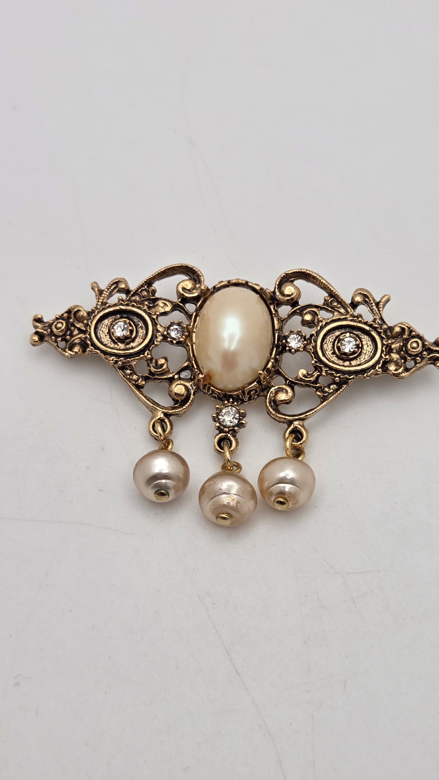 Vintage Antiqued Gold Faux Pearl Dangle Drop Brooch Pin Victorian Style