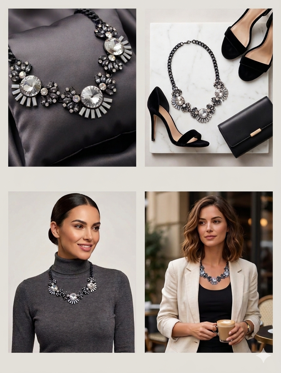 Statement-Lätzchen Strass Glitzer Blume Statement-Halskette schwarze Kette