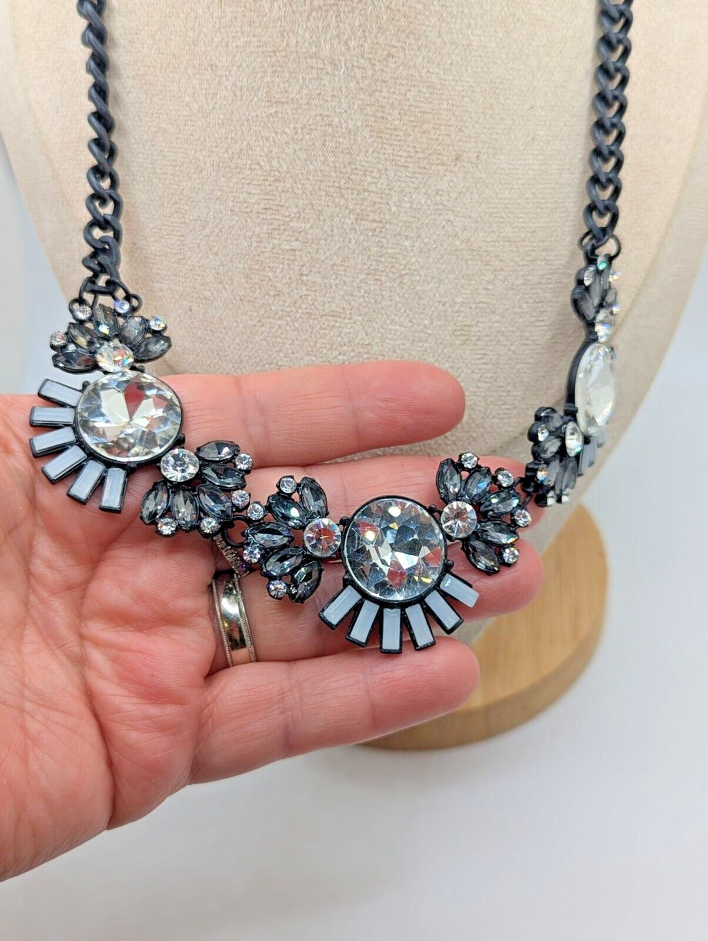 Bib Statement Rhinestone Sparkle Flower Statement Necklace Black Chain